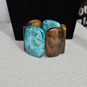 Vintage Lucite Blue Brown Wood Chunky Boho Stretch Bracelet